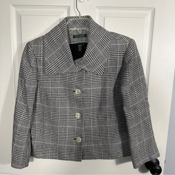 Lauren Ralph Lauren houndstooth blazer, black/white, size 12, 100% linen shell - Picture 1 of 7